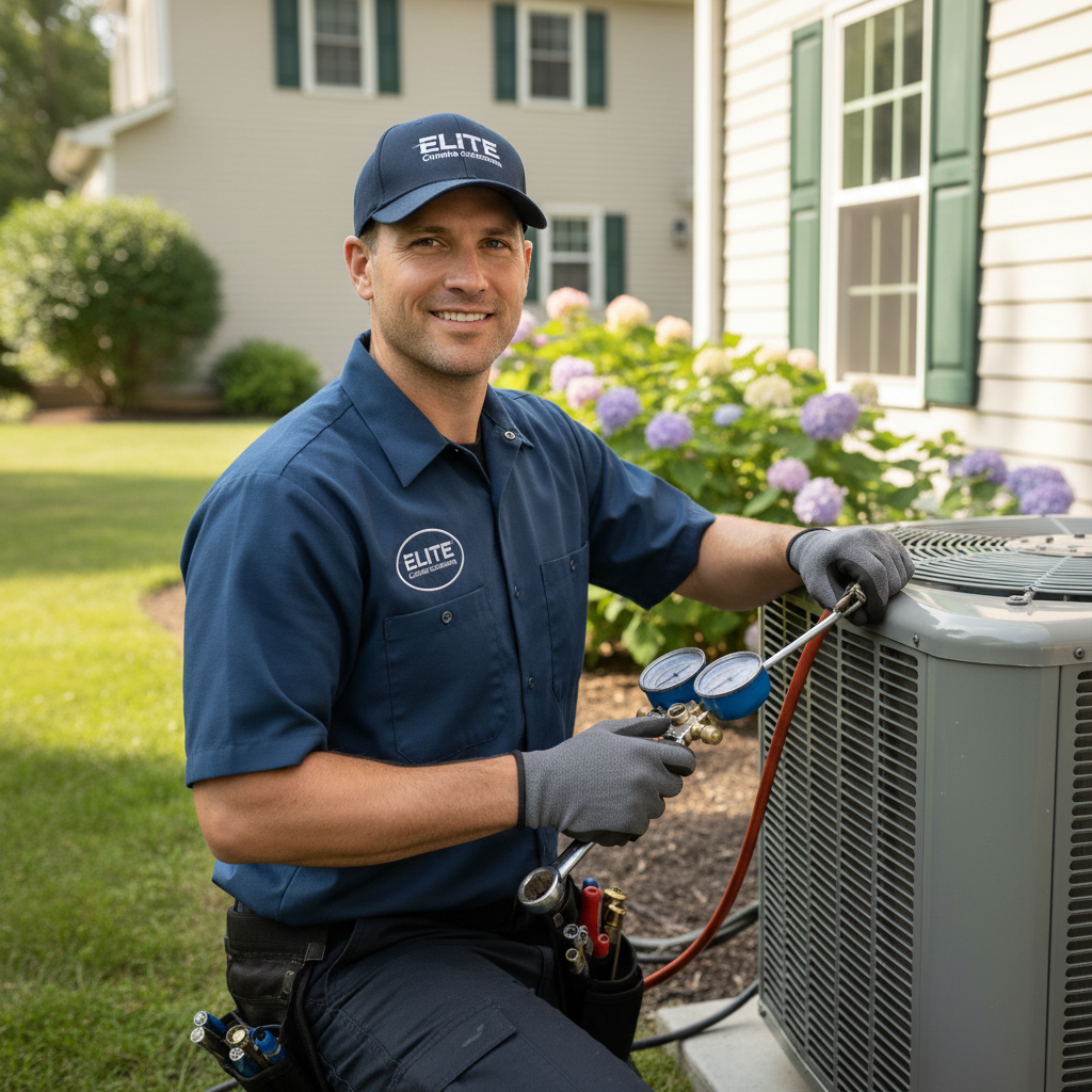 HVAC technician servicing indoor air conditioning unit